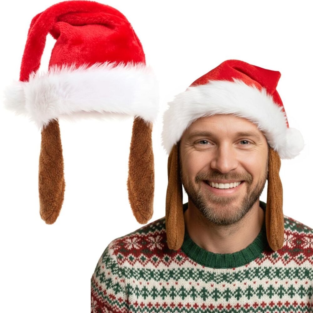 7245 Christmas Holiday Santa Hat with Plush Dog Ears for Adults Unisex